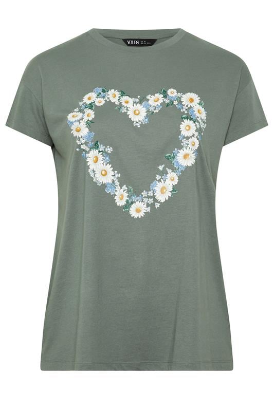 YOURS Plus Size Green Daisy Heart T-Shirt | Yours Clothing 5