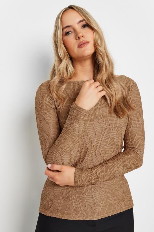  Grande Taille LTS Tall Camel Brown Textured Slash Neck Top