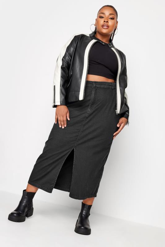 YOURS Plus Size Black Faux Leather Contrast Stripe Biker Jacket | Yours Clothing 2