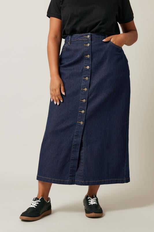 EVANS Plus Size Indigo Blue Button Through Denim Maxi Skirt | Evans 1