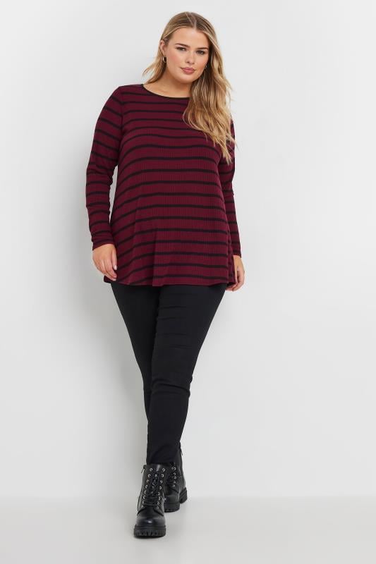 YOURS Plus Size Burgundy Red Stripe Long Sleeve Swing Top | Yours Clothing 2