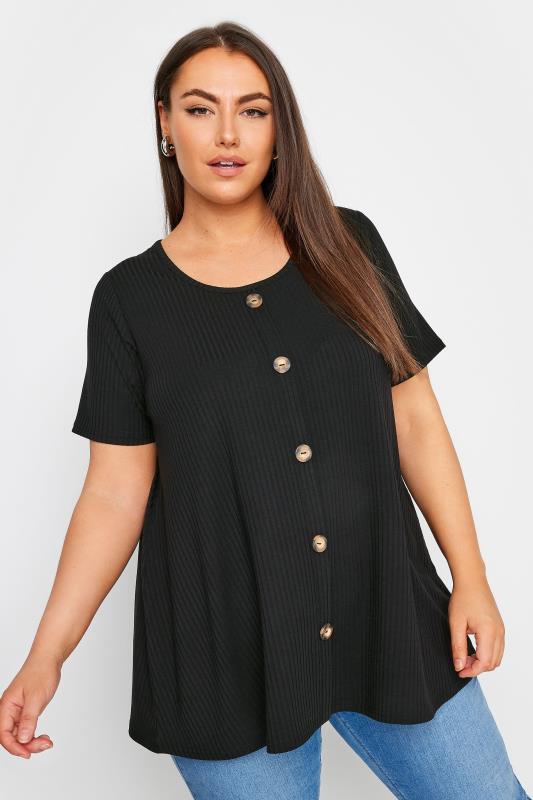 YOURS Plus Size Black Button Front Ribbed Swing Top | Yours Clothing 1
