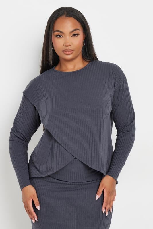 LIMITED COLLECTION Plus Size Grey Ribbed Cross Over Top | Yours Clothing 1