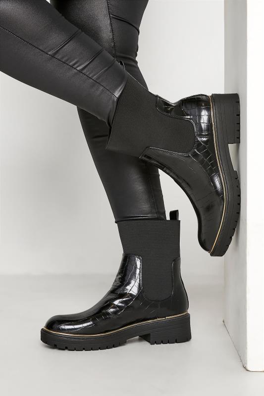 Plus Size LIMITED COLLECTION Black Croc Leather Look Ankle Boots In Standard D Fit | Yours Clothing 1