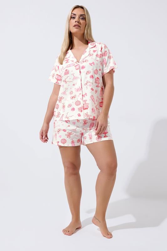 LIMITED COLLECTION Plus Size Set White Mixed Shirt & Short Pyjama | Yours Clothing 1