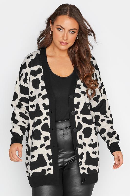 Plus Size Curve Black & Beige Brown Cow Print Knitted Cardigan | Yours Clothing 1