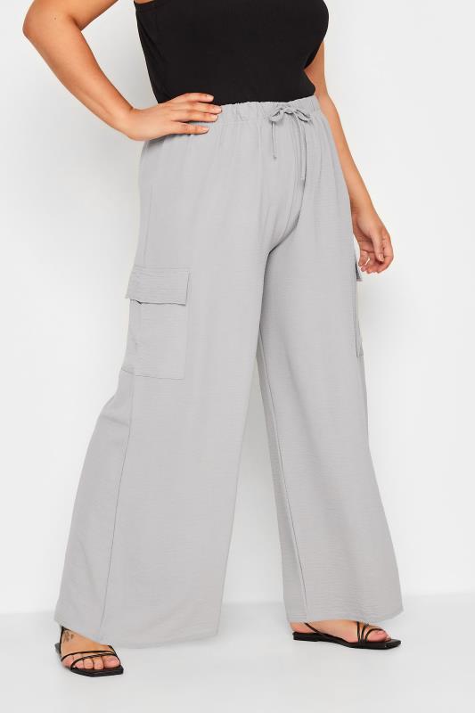 YOURS Plus Size Grey Wide Leg Crepe Cargo Trousers | Yours Clothing 1