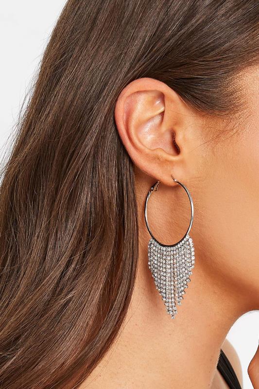 Plus Size  Silver Diamante Tassel Hoop Earrings
