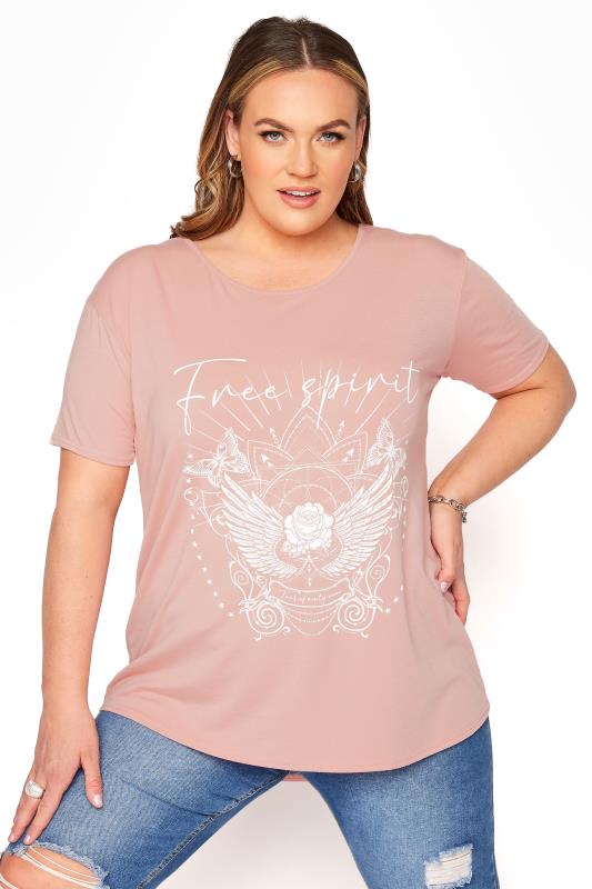 Pink 'Free Spirit' Dip Back T-Shirt | Yours Clothing 1