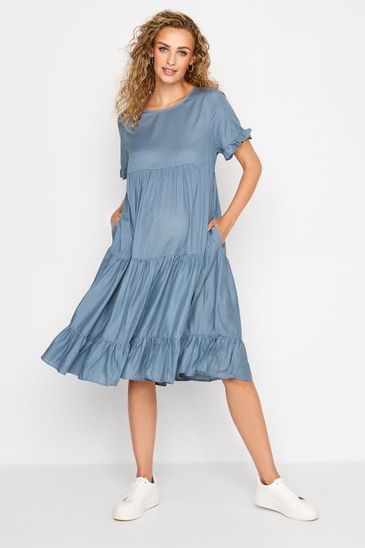 LTS Tall Maternity Blue Tiered Smock Dress 2