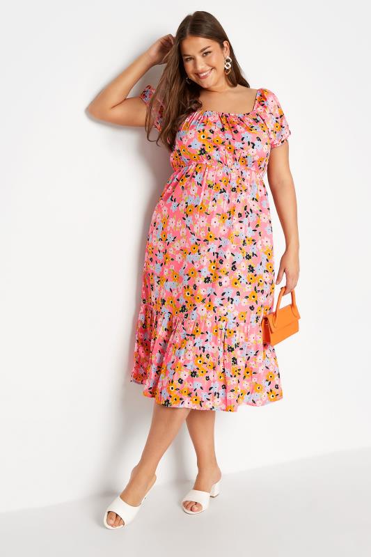 Plus Size Pink Floral Square Neck Midaxi Dress | Yours Clothing 1