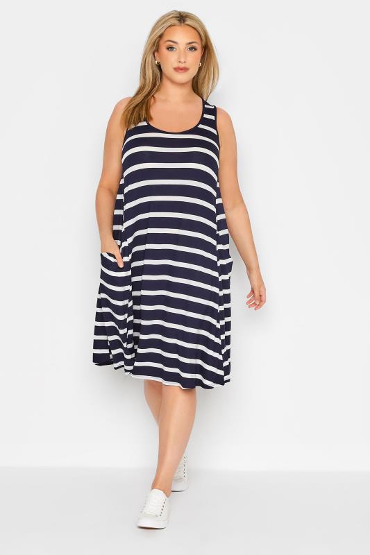 Curve Navy Blue Stripe Sleeveless Drape Pocket Midi Dress | Yours Clothing 2