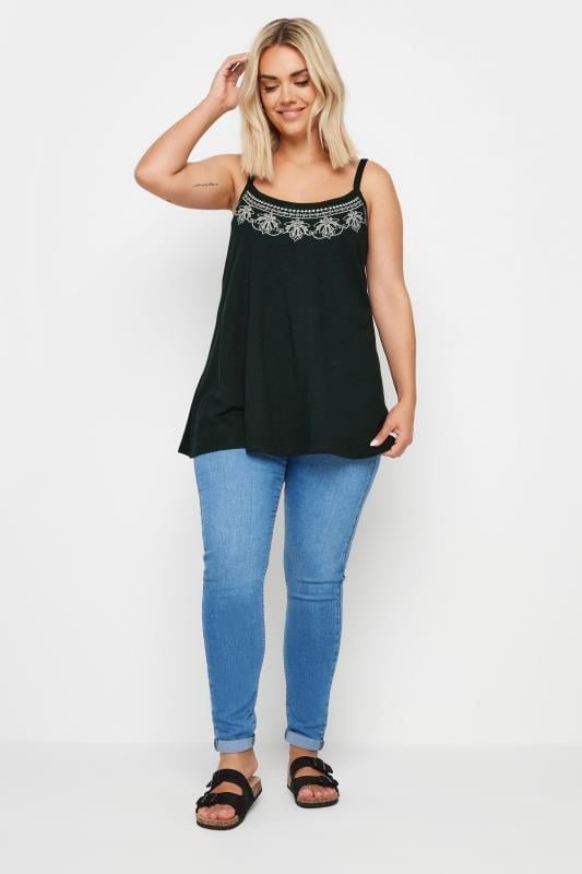 YOURS Plus Size Black Embroidered Swing Cami Top | Yours Clothing 2