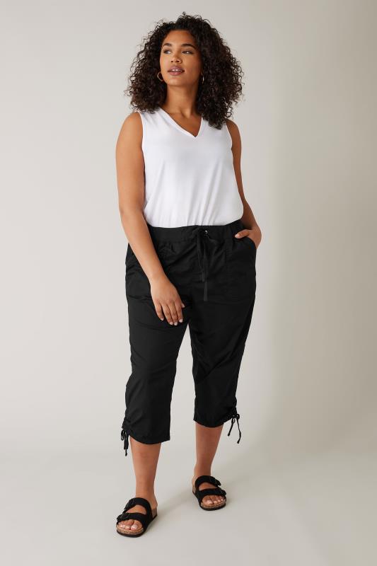 Plus Size  Evans Black Cotton Cropped Capri Trouser