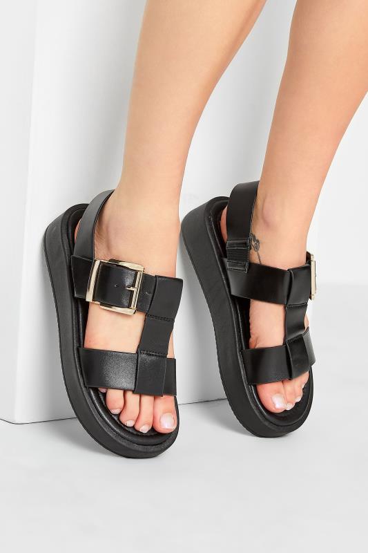 PixieGirl Black T-Bar Chunky Flatform Sandals In Standard Fit | PixieGirl 1