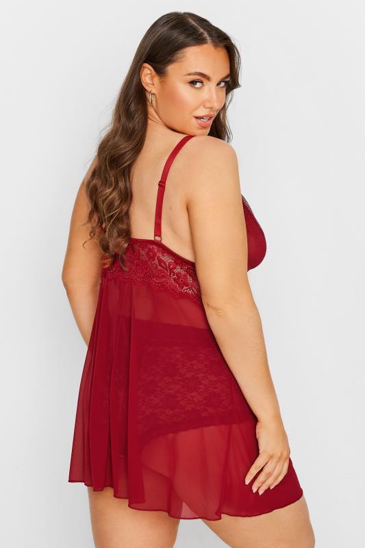 Plus Size Burgundy Red Boudoir Mesh Lace Babydoll | Yours Clothing 2