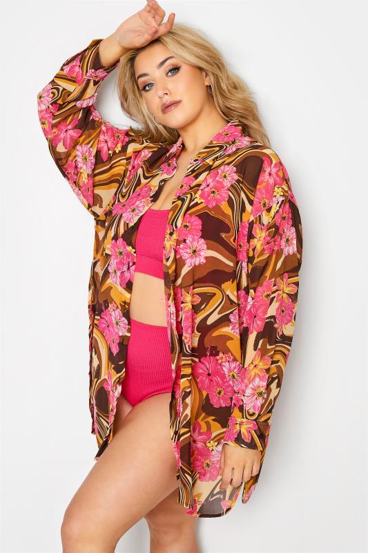 Plus Size Brown Marble Floral Print Sheer Beach Shirt | Yours Clothing 1