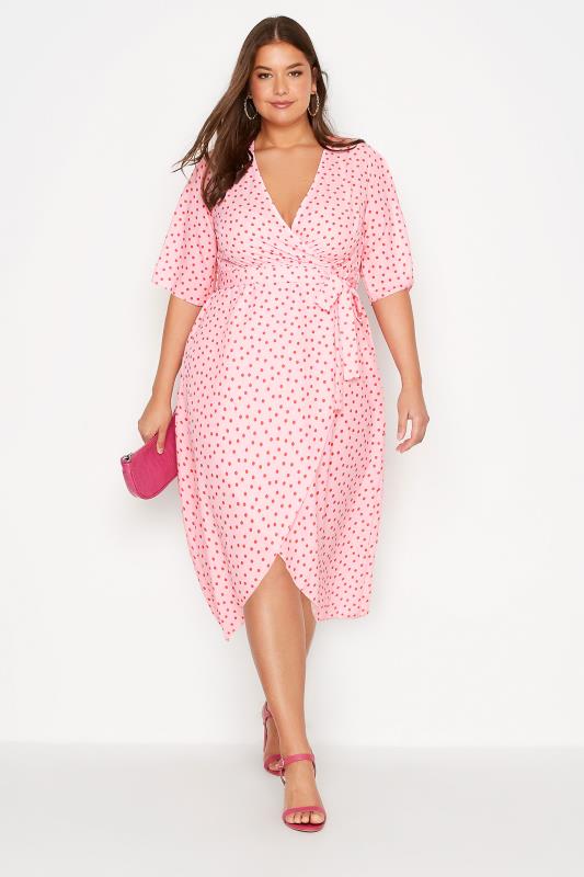 YOURS LONDON Plus Size Pink Polka Dot Midi Wrap Dress | Yours Clothing 1