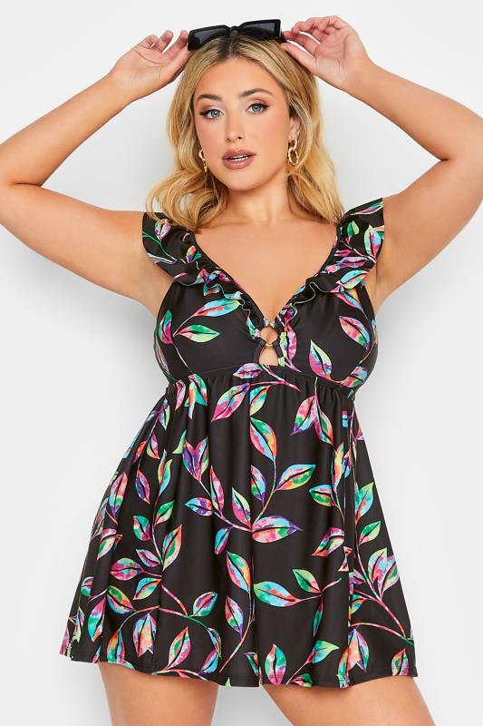  YOURS Curve Black Tropical Print Frill Swimdress