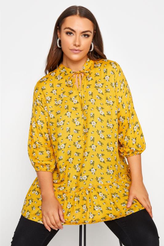 Plus Size  Curve Mustard Yellow Floral Print Tie Neck Blouse