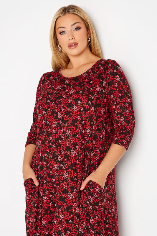 Plus Size Red Ditsy Print Drape Pocket Dress | Yours Clothing 4