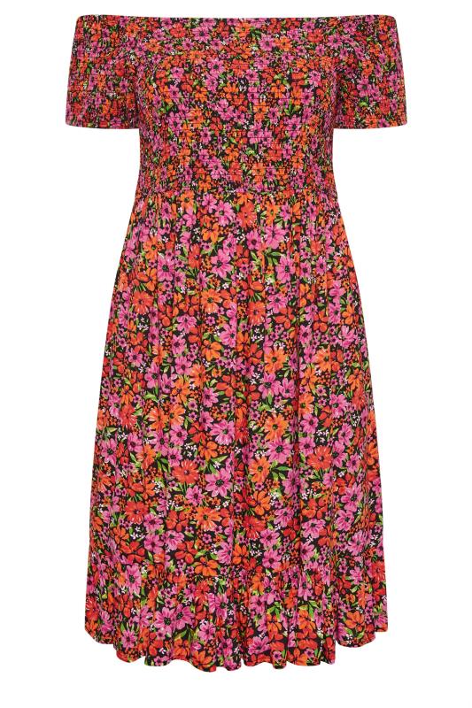 YOURS Plus Size Pink & Orange Shirred Bardot Midi Dress | Yours Clothing 5