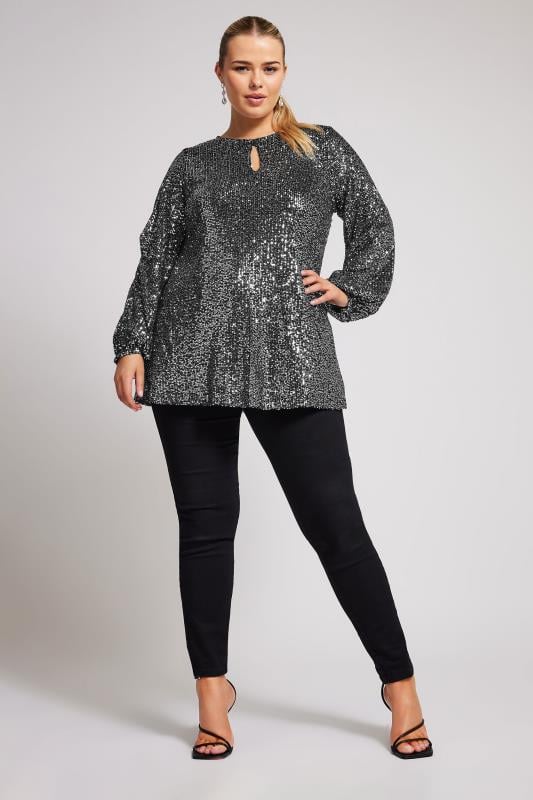 YOURS LONDON Plus Size Silver Sequin Keyhole Top | Yours Clothing 2