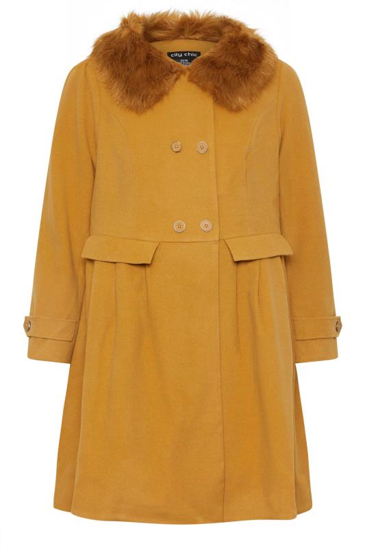 Plus Size  City Chic Yellow Faux Fur Trim Coat