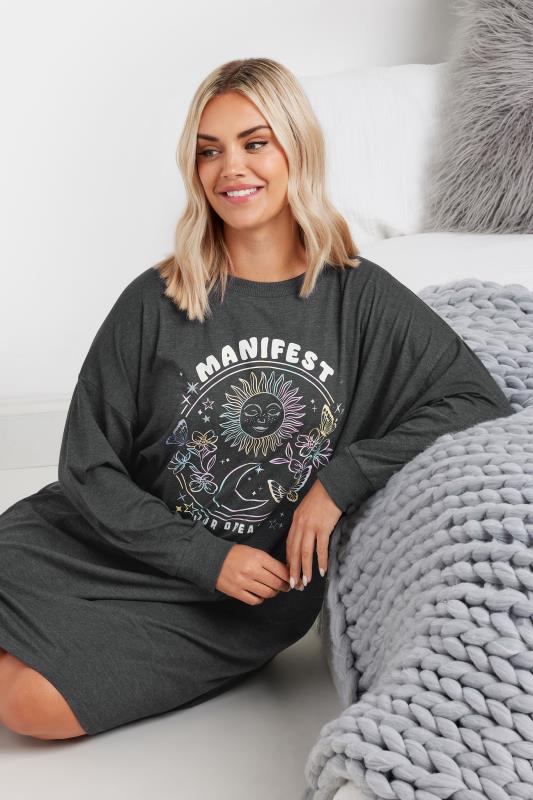 YOURS Plus Size Charcoal Grey 'Manifest Your Dreams' Slogan Long Sleeve Nightdress | Yours Clothing 4