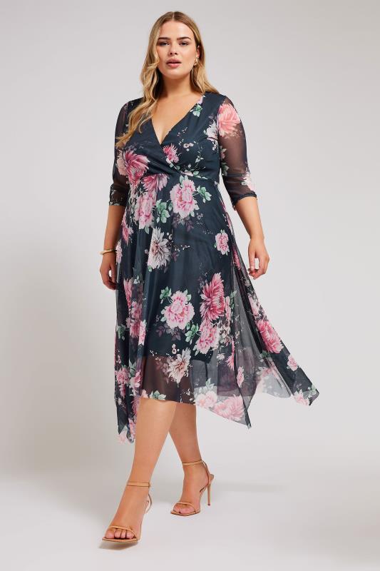 Plus Size  YOURS LONDON Curve Black Floral Print Wrap Midi Mesh Dress