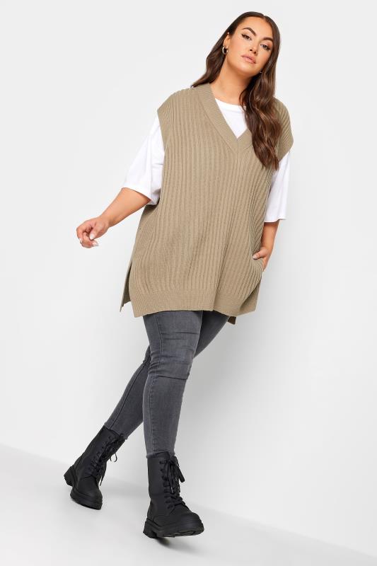 YOURS Plus Size Beige Brown Side Split Knitted Vest Top | Yours Clothing 3
