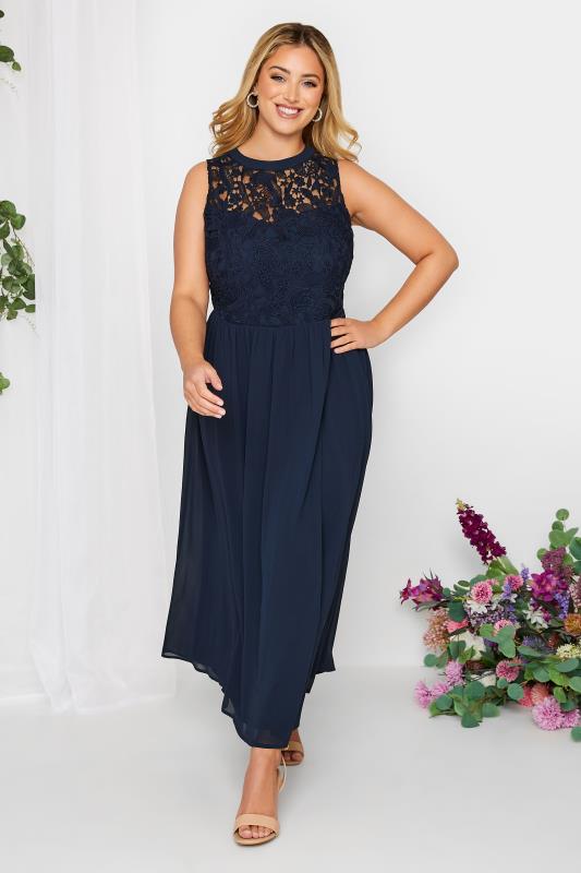 Plus Size YOURS LONDON Curve Dark Blue Lace Front Chiffon Maxi Dress | Yours Clothing  2