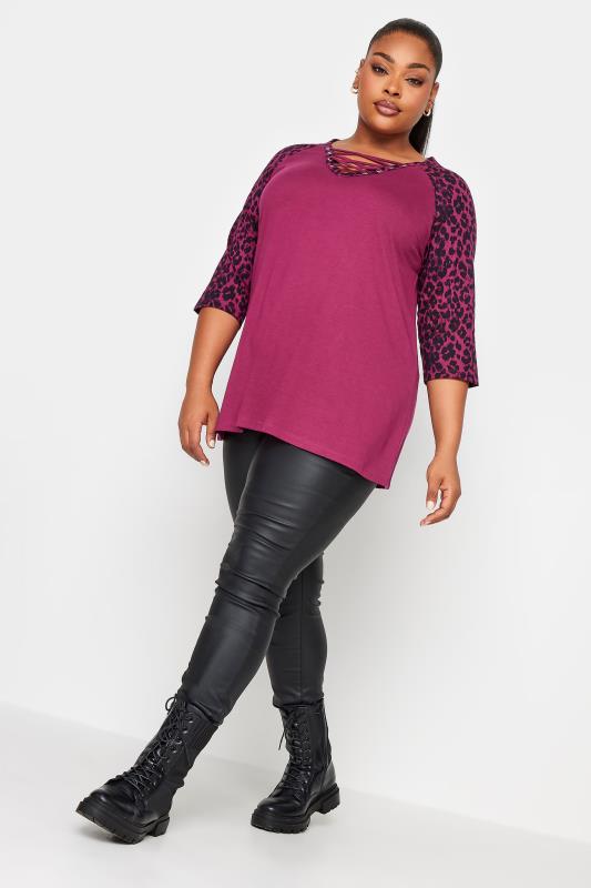 YOURS Plus Size Pink Leopard Print Lace Up Eyelet Top | Yours Clothing