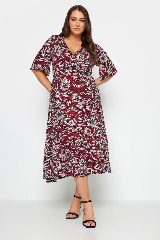YOURS Plus Size Red Floral Print Angel Sleeve Midi Dress | Yours Clothing 2