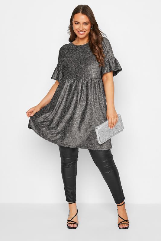 Plus Size Grey Glitter Frill Sleeve Smock Dress | Yours Clothing 3