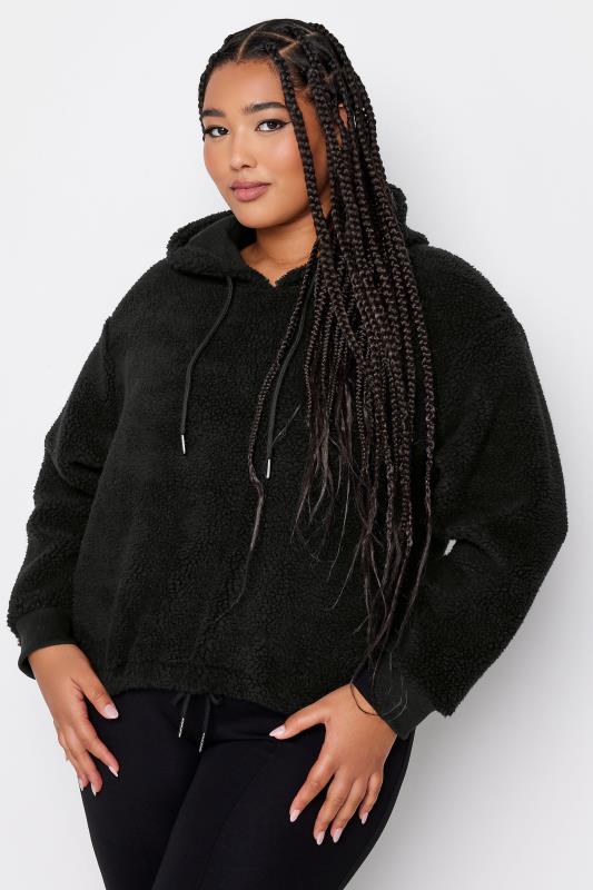 YOURS Plus Size Black Teddy Cropped Fleece Hoodie | Yours Clothing 2