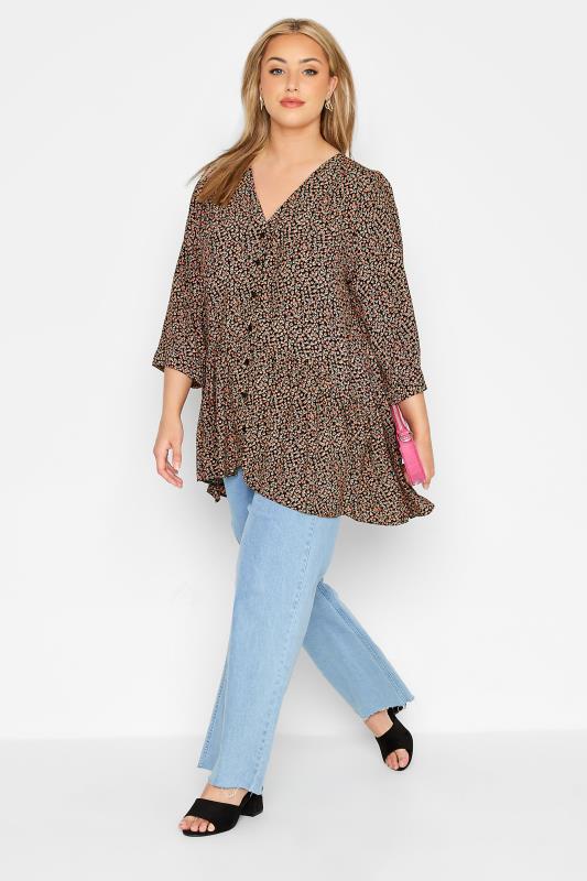 Plus Size Black Ditsy Print Button Through Blouse | Yours Clothing 2