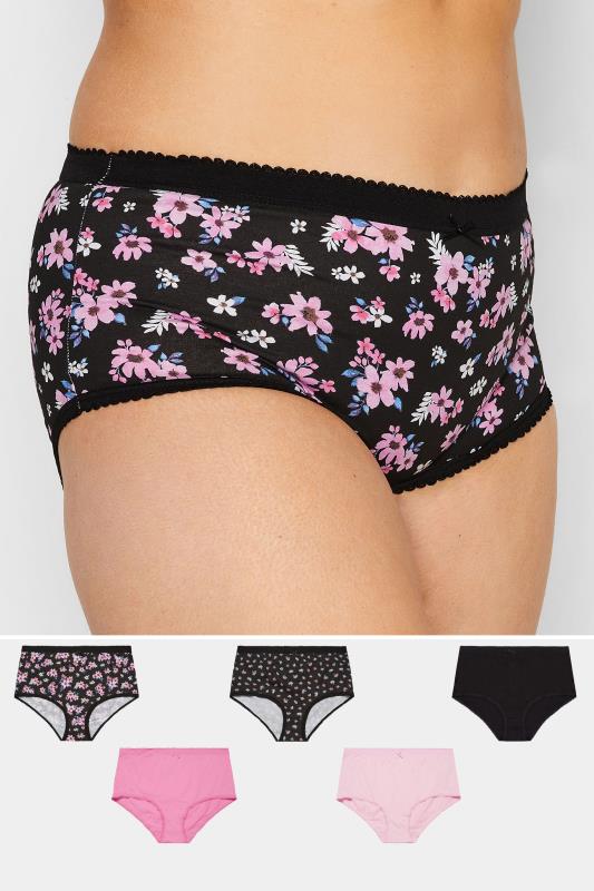 YOURS Curve Plus Size 5 PACK Black & Pink Floral Full Briefs | Yours Clothing  1