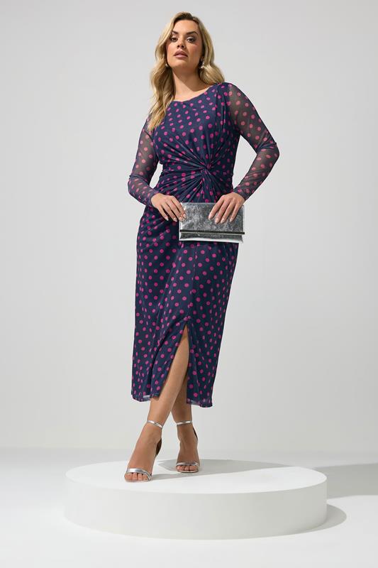 YOURS LONDON Plus Size Navy Blue Polka & Pink Dot Knot Dress | Yours Clothing 1