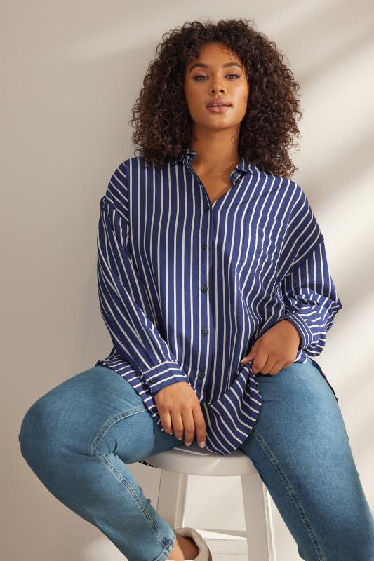 EVANS Curve Blue & White Stripe Girlfriend Shirt | Evans 1