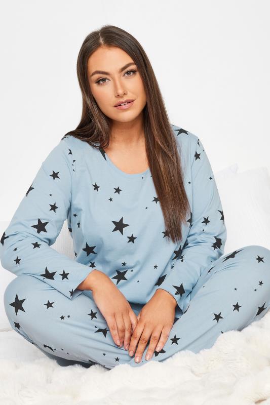 YOURS Plus Size Light Blue Star Print Tapered Pyjama Set | Yours Clothing 1