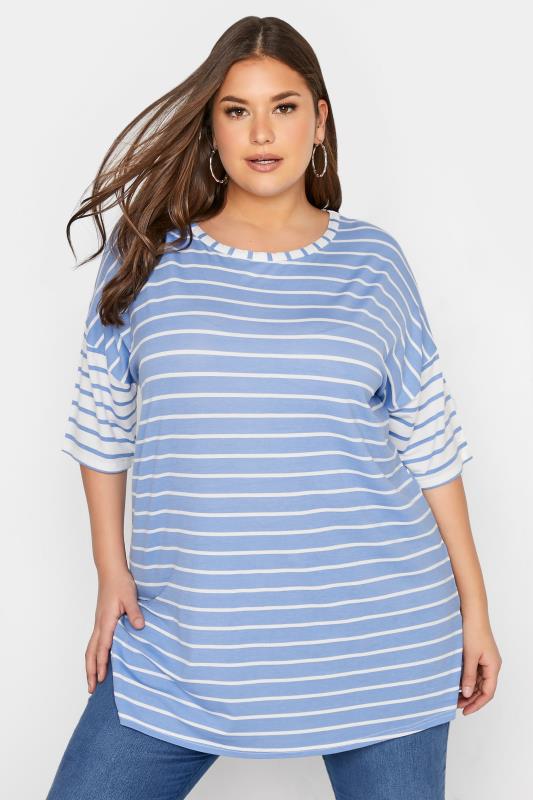 LIMITED COLLECTION Plus Size Blue & White Stripe Oversized T-Shirt | Yours Clothing  1