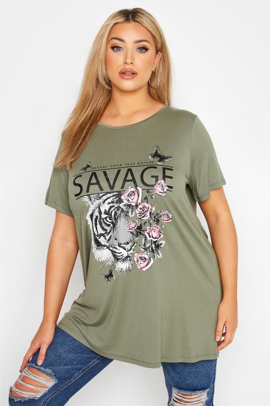  Grande Taille Curve Khaki Green 'Savage' Tiger Graphic Print T-Shirt