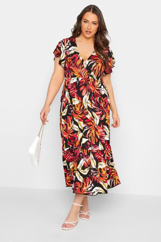 YOURS Plus Size Black & Orange Leaf Print Frill Sleeve Wrap Maxi Dress | Yours Clothing 1