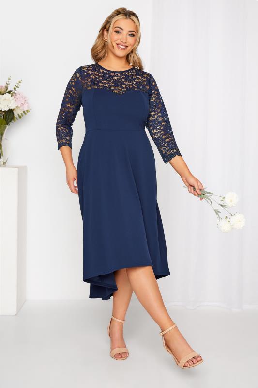  YOURS LONDON Curve Navy Blue Lace Sweetheart Midi Dress
