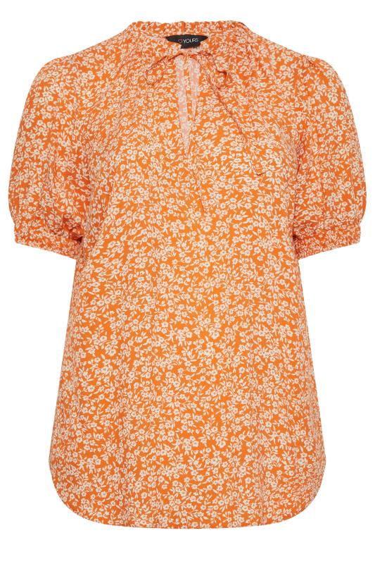 YOURS Plus Size Orange Floral Print Tie Neck Blouse | Yours Clothing 6