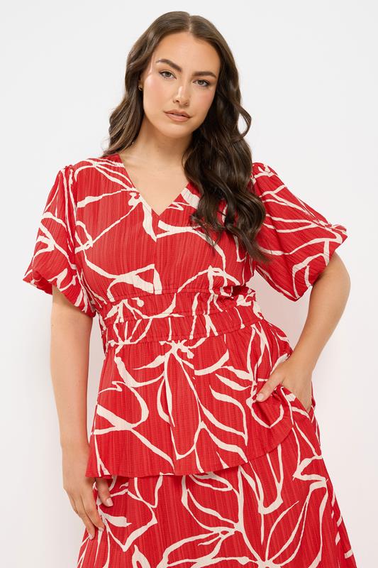 YOURS Plus Size Red Floral Print Puff Sleeve Top | Yours Clothing 1