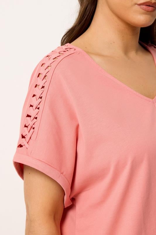 YOURS Plus Size Pink Lattice Grown On Sleeve T-Shirt | Yours Clothing 4