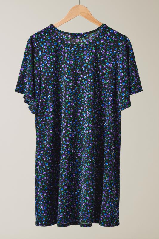 EVANS Plus Size Navy Blue Ditsy Floral Angel Sleeve Top | Evans 6