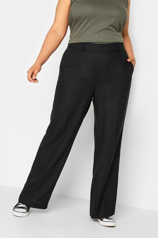 YOURS Plus Size Black Linen Blend Wide Leg Trousers | Yours Clothing  1